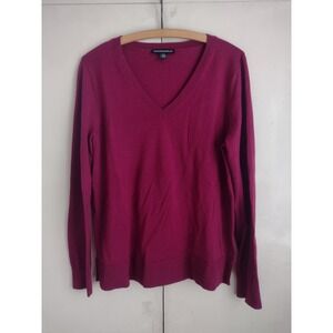 Katherine Barclay Extra Fine 100% Merino Wool V Neck Sweater Sz L Raspberry Red